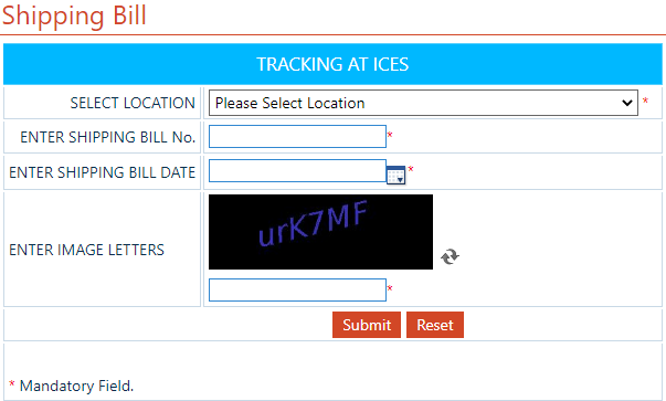 जब हम tracking at ICES icegate के थ्रू Shipping bill का स्टेटस चेक करते है। तो हमें यहाँ पर एक बार में केवल एक ही शिपिंग बिल की डिटेल्स चेक करने को मिलती है। यहाँ पर हमें कुछ डिटेल्स भी देनी पड़ती है। जैसे पोर्ट लोकेशन, शिपिंग बिल नंबर, शिपिंग बिल डेट, देने के बाद captcha भर कर submit कर देना है।
